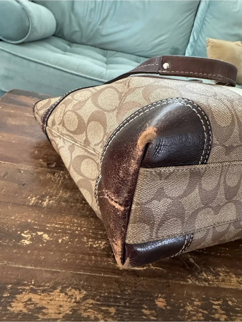 Coach Signature Heritage Stripe Brown, White, & Yellow Tote Bag